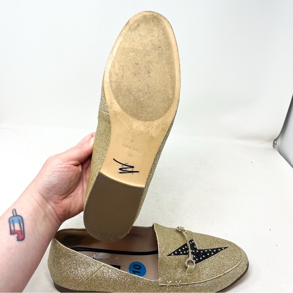 Nine West Wildgirls Tailored Loafers lightening bolt gold metallic glitter sz 10 - Picture 9 of 10